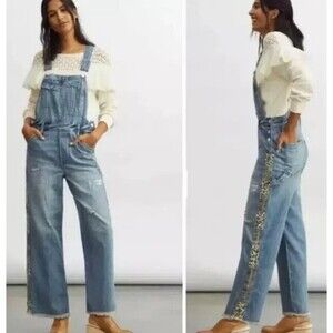 Anthropologie Pilcro Denim Overalls The Lex Animal Print Side Stripe Size 28